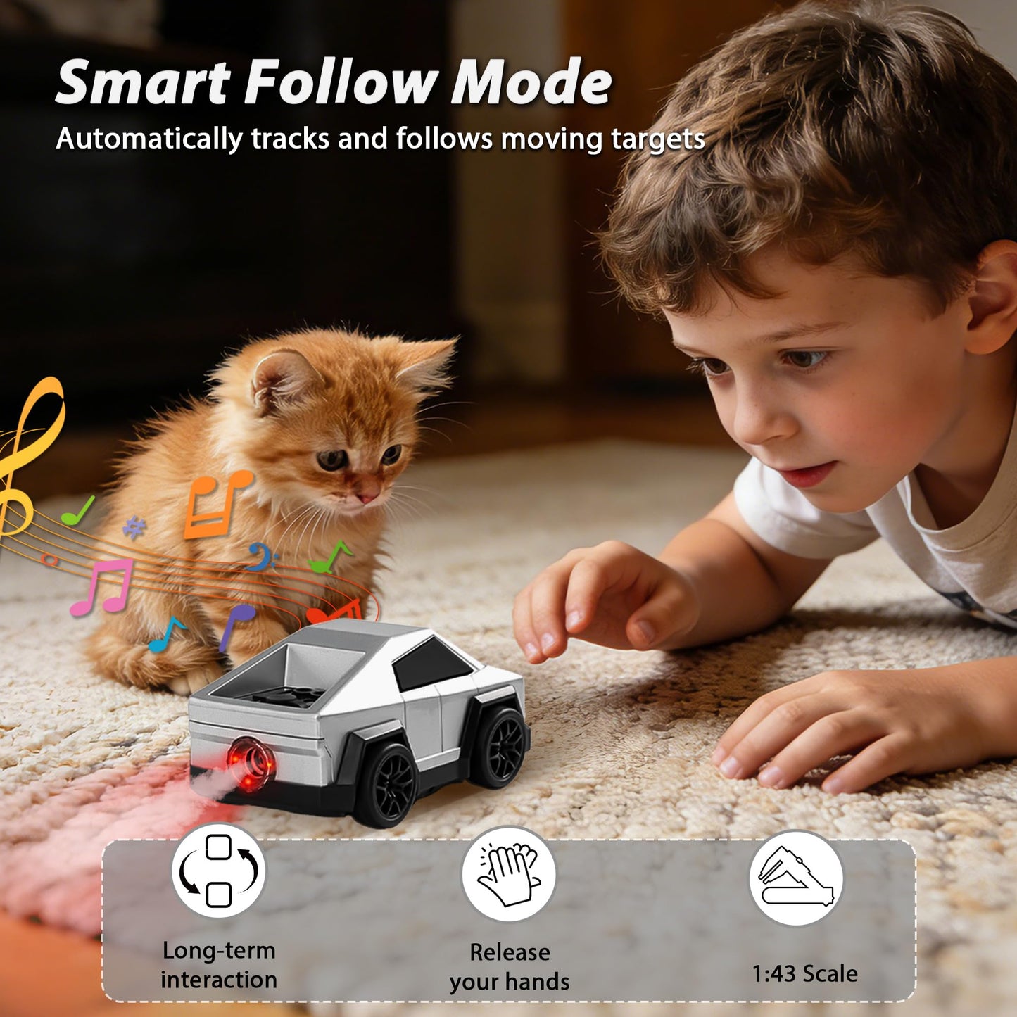 SANGQAOFU Remote Control Car Cyber-Inspired Rc Car Toys with Drift Spray & Follow and Escape Mode 2.4GHz Rc Truck Toys for Boys Cat Dog(Silver)