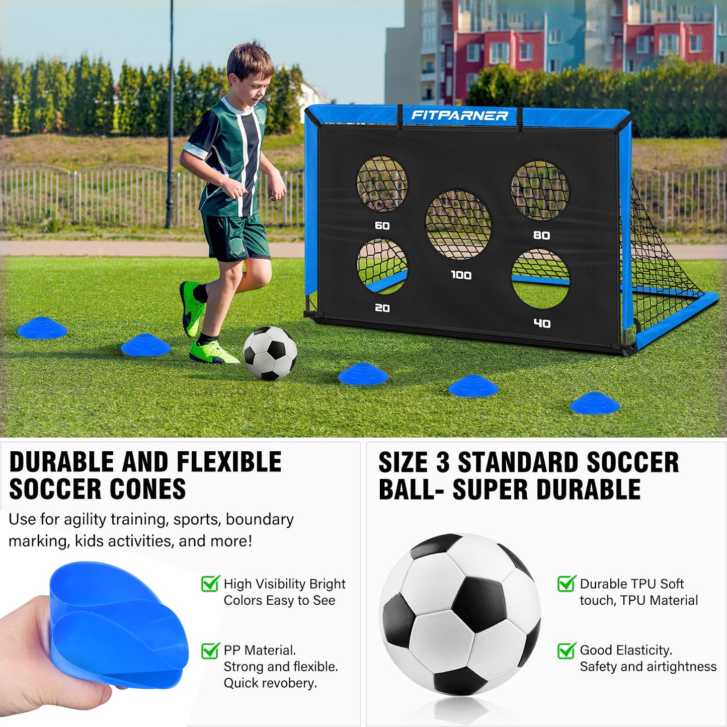 Kids Soccer Goals, 2 Pack 4x3 ft Soccer Nets for Kids Age 3-5 6-8 8-12 10-12-14, Backyard Training Equipment Set with Target, Ball, Cones for Goal Practice,Outdoor Game, Ideal Gift