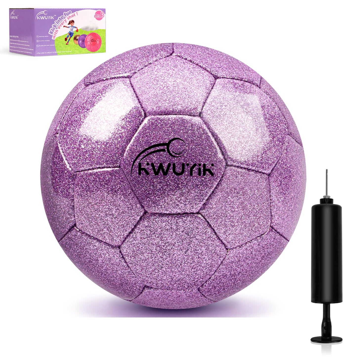 Size 3 4 5 Glitter Pink Gold Purple Soccer Ball Set with Pump Toddler Soccer Ball for Kids Aged 3-6 6-8 8-12 Outdoor Training Ball Youth Practice for Teens Children Boys Girls (Glitter Purple, 3)