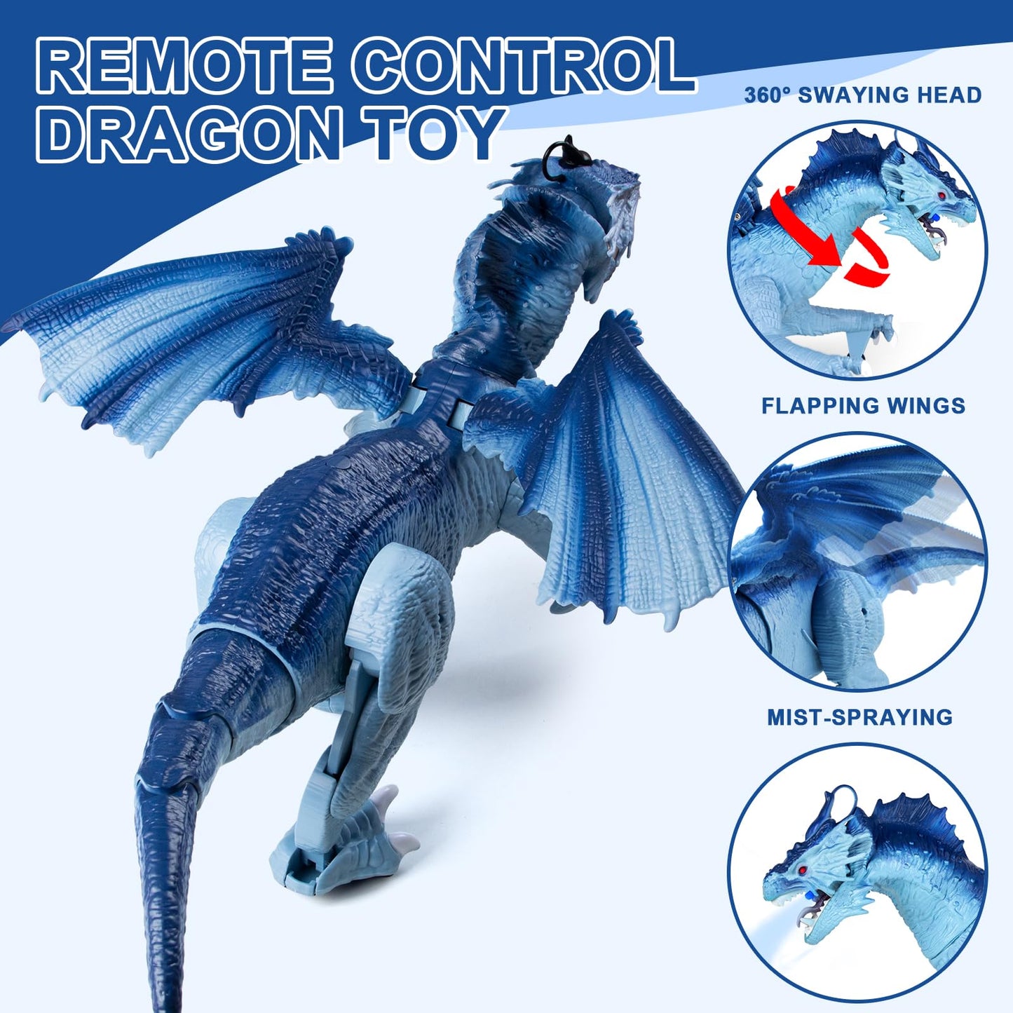 Covsen Remote Control Dragon Toy for Kids – RC Large Dragon Figure with Flapping Wings, Roaring Sound, Mist-Spraying, LED Light-Up Eyes – Birthday for Boys, Girls Ages 3+