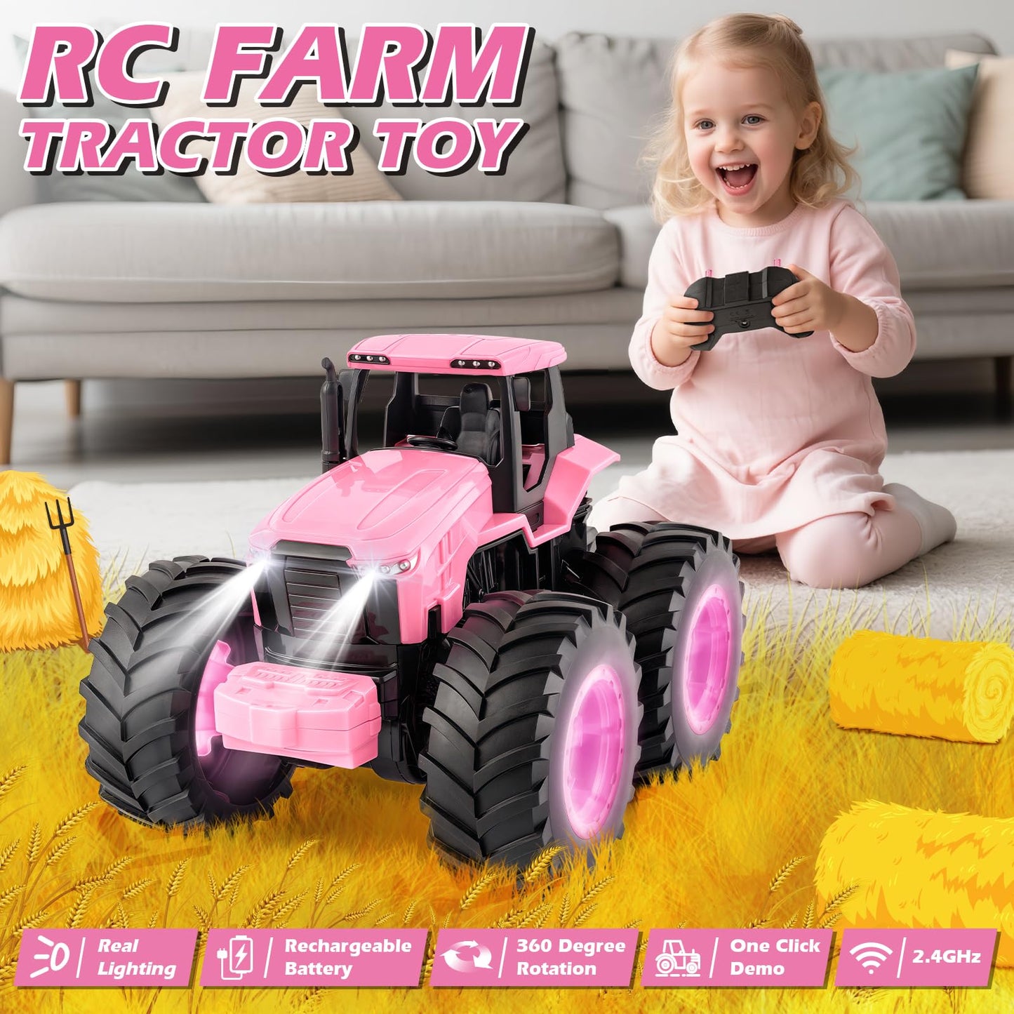 Remote Control Monster Tractor Toy for 3, 4, 5, 6, 7 years old, Pink Light Up Monster Trucks Toy with LED Lights Toddlers RC Farm Vehicle Toys for Boys ＆ Girls Ideal Christmas, Birthday Gifts for Kids