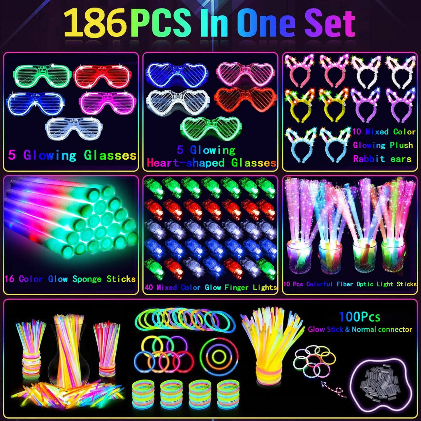 186 PCS Glow in the Dark Party Supplies,16 Foam Sticks,10 Glow Fiber Wands, 10 LED Glasses, 10 Glowing Rabbit Ears,100 Glow Sticks and 40 Finger Lights for Neon Party Birthday Carnivals Halloween