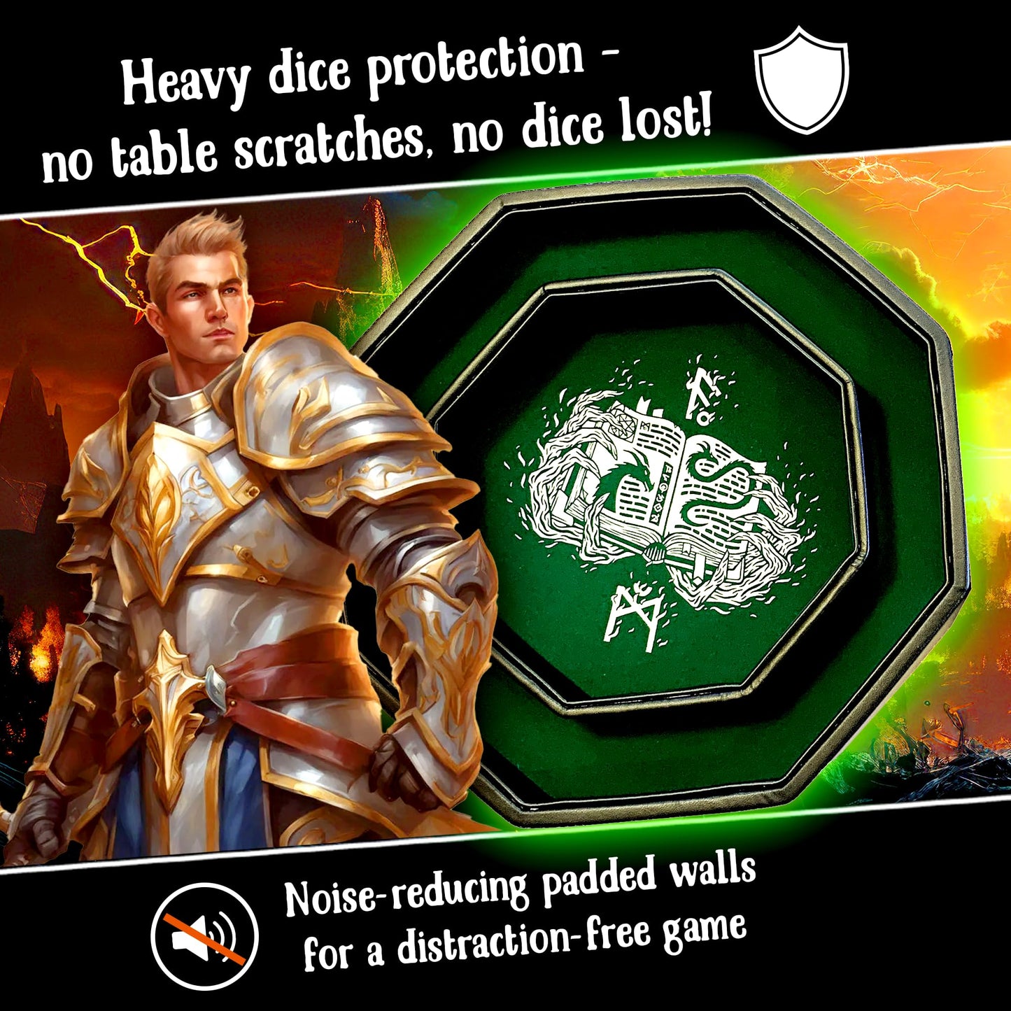 Fantasydice Green Fire Dragon Dice Tray with Wizard Book Print – 9" Octagon with Dice Staging Area, Holds 5 Dice Sets – Ideal for Tabletop RPGs and Board Games