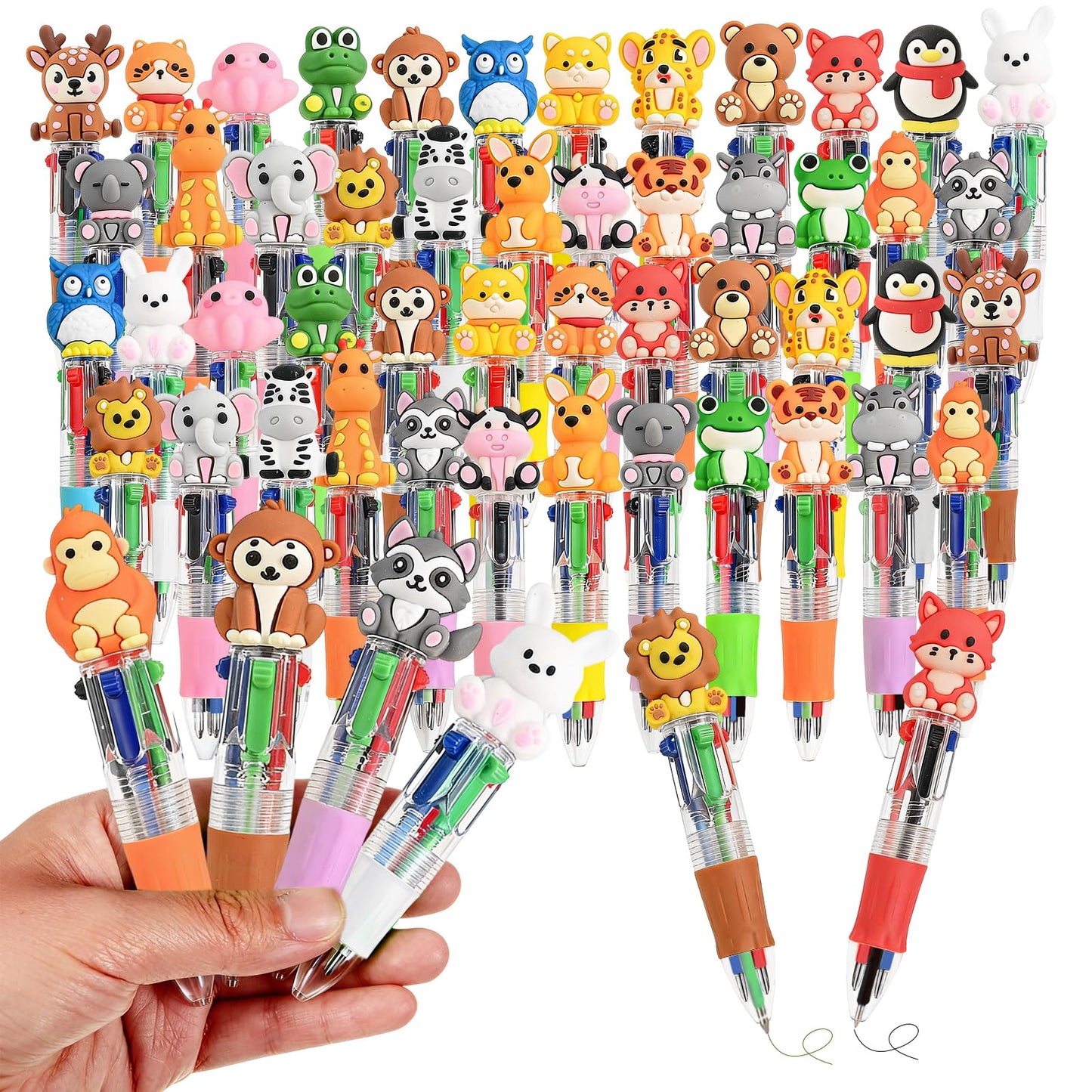 Zhirlyn Animal Party Favors Animal Pens Multicolor Pen in One Cute Fun 4-in-1 Pens Bulk Cool Ballpoint Pens for Birthday Gifts Teacher Supplies (Animal, 48)