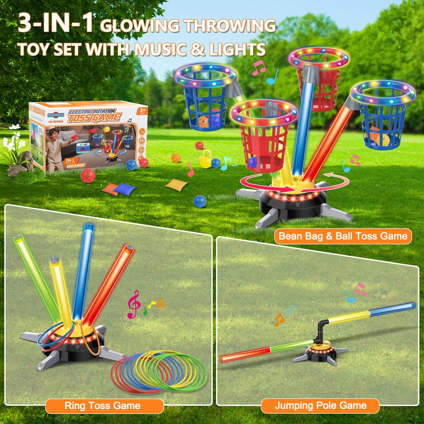 TERRAMUS 3 in 1 Bean Bag Ring Toss Game for Kids, Rechargeable Musical Jumping Games w/LED Light & Remote, Electric Spinning Base, Sandbags, Rings, Carnival Indoor Outdoor Sport Toy for 3+ Boys Girls