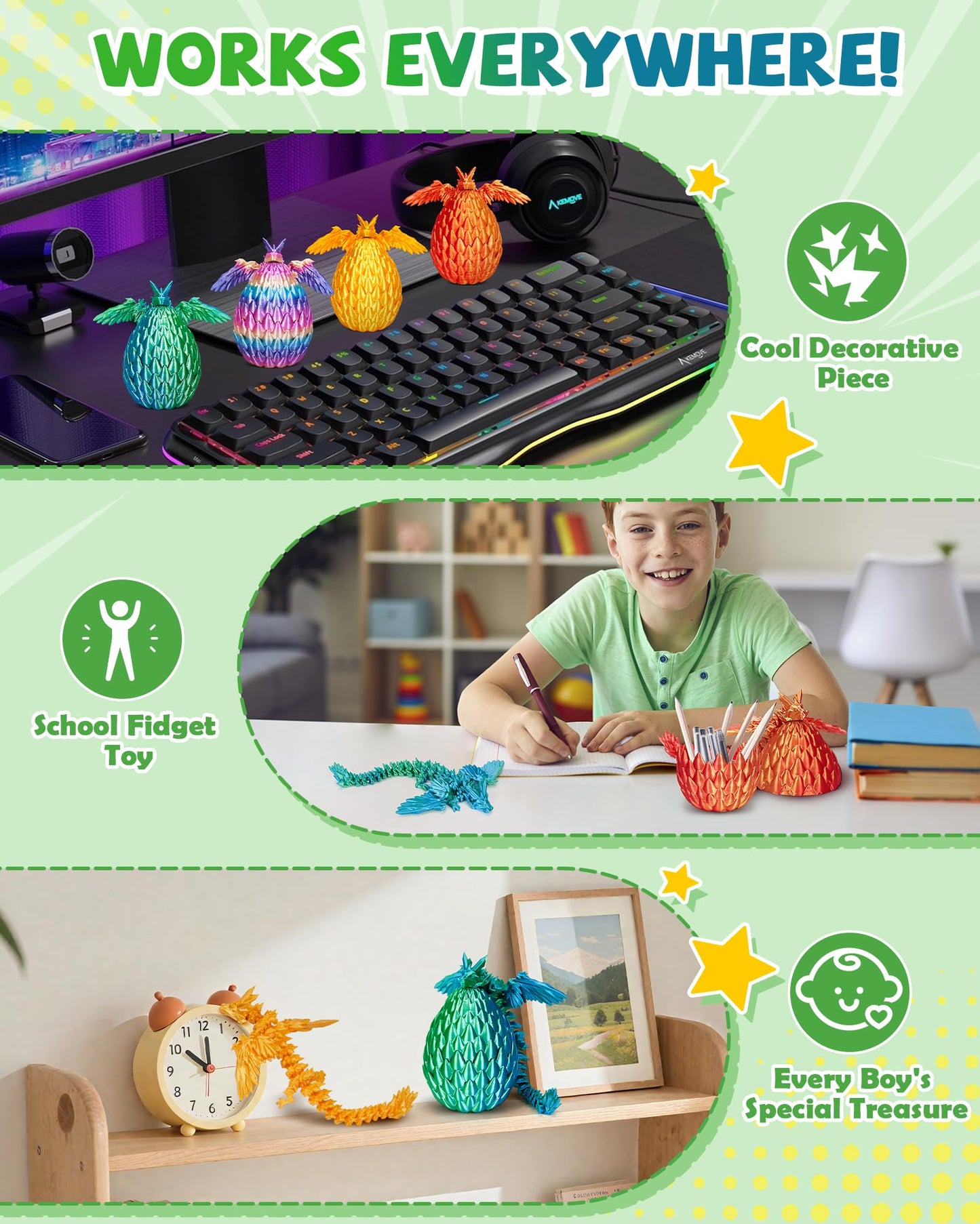 TBOLINE 4PCS 3D Printed Dragon Egg, Christmas Stocking Stuffers for Kids, Articulated Crystal Animals Fidget Toy, Small 3D Printer Dinosaur Eggs Party Favors Toy for Kids Boy Girls 5-7 8-12
