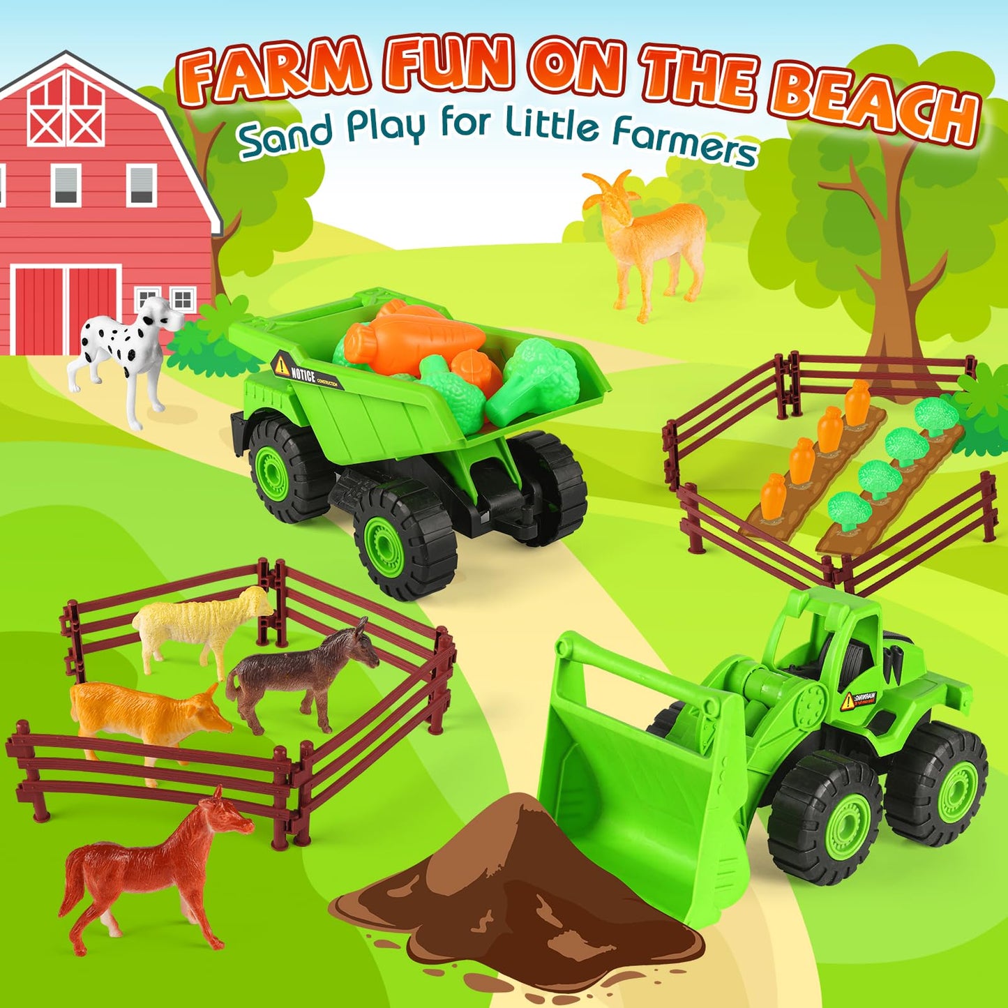 Beach Toys, Farm Theme Sand Toys for Kids Boys and Girls with 2 Truck, 2 Collapsible Bucket, Sand Castle Building Kit, Molds, Mesh Bag, Farm Animals, Tools, Indoor Outdoor Toys for Kids Ages 3-10