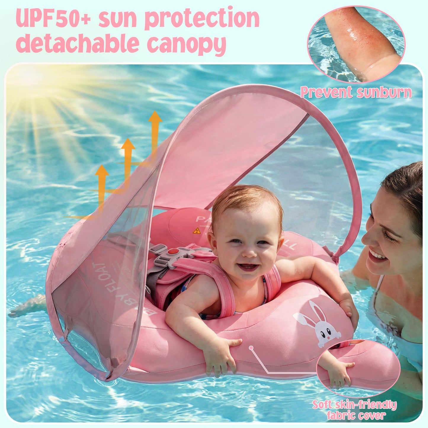 Baby Pool Float with Canopy UPF50+ Sun Protection, Soft Fabric-Covered Baby Floats with Safety Seat, No Flip Over Baby floatie for Age 6-36 Months, Infant Pool Float for Toddler Boys and Girls
