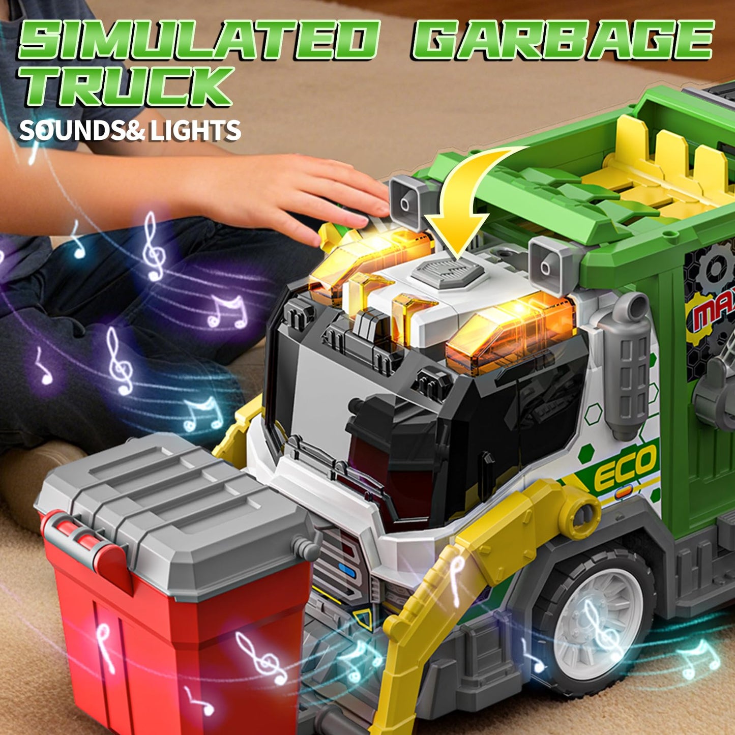 BLUEYAK Large Friction Powered Garbage Truck Toy Set with Light & Sound - ECO City Cleaner with Recycle Dumpster, 4 Color-Coded Trash Bins & 2 Ejection Cars, Ideal Birthdays for Toddlers Boys Girls