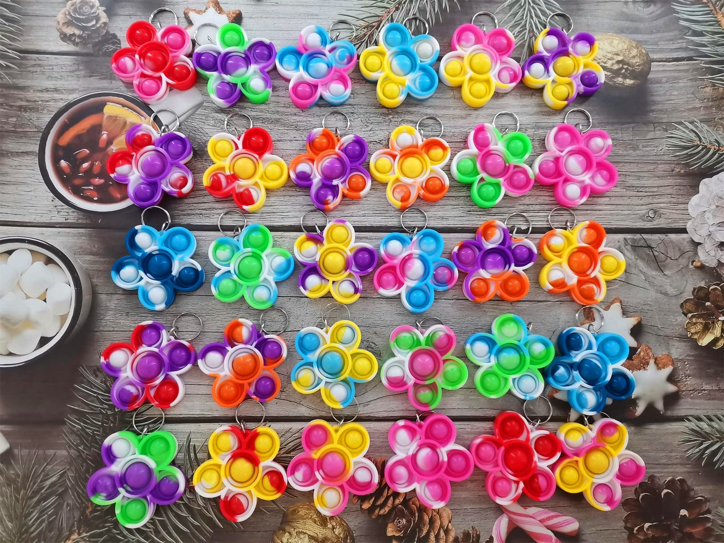 HOZKEAP 30 Packs Bulk Flowers Backpack Keychain Mini pop Fidget for boy and Little Girl,Kids，Students Birthday Party Favors,Students Bubble Prize