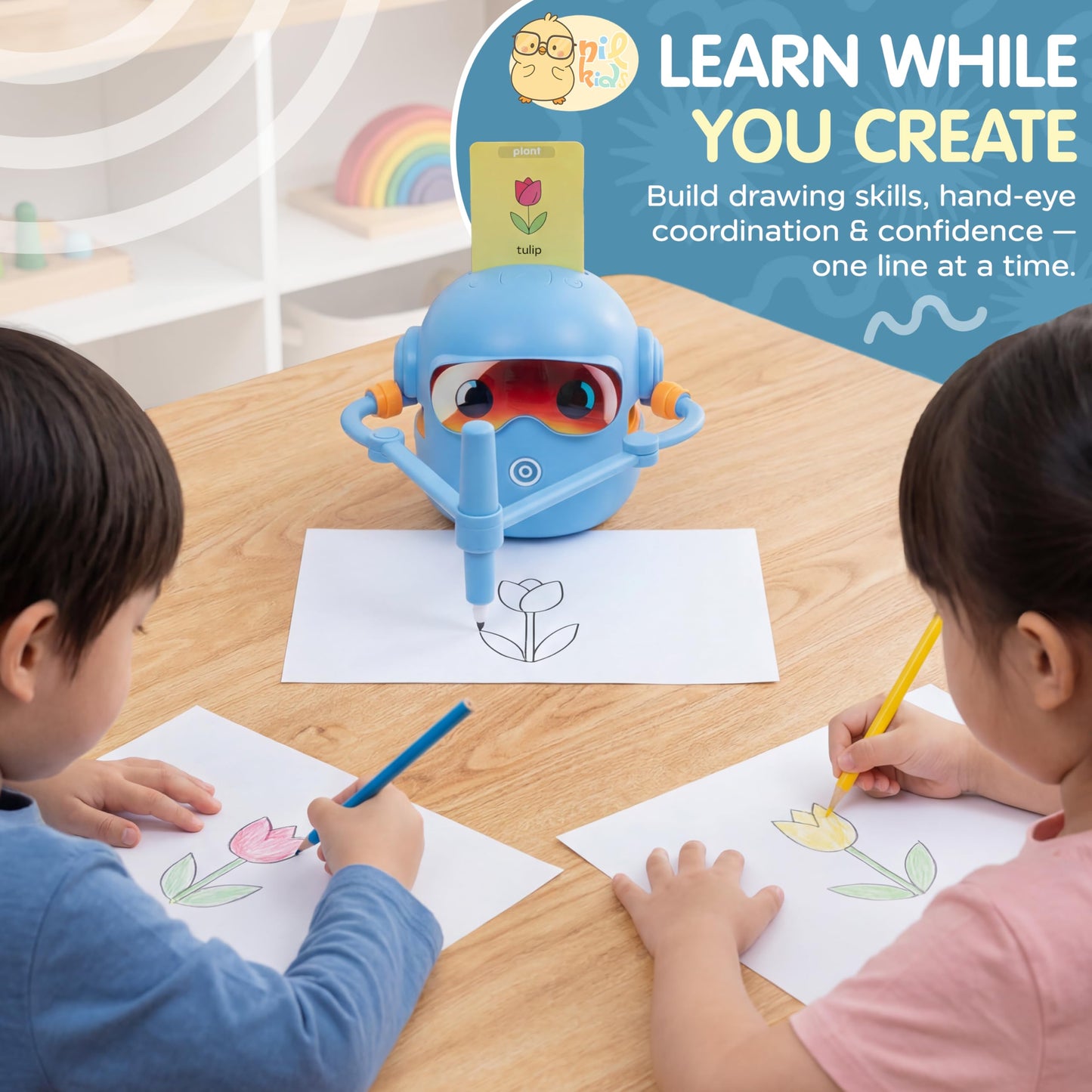 Drawing Robot for Kids – Rechargeable Automatic Robot with Motorized Arm, 100 Unique Drawing Cards & 16 Pens – Screen-Free STEM Toy with Music & Lights Ages 3+