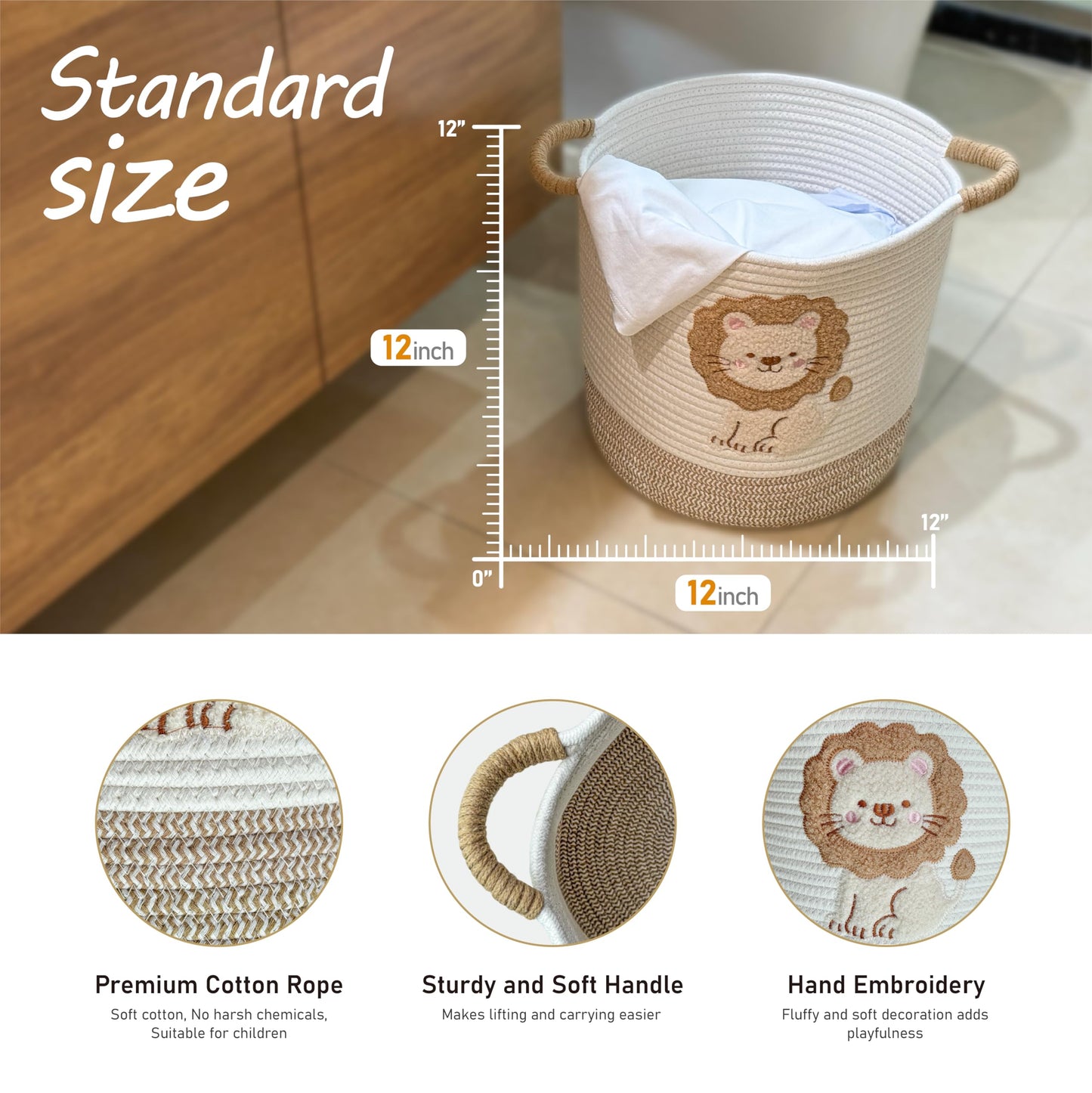 Mzzelry Toy Storage Basket(12"x12"), blanket basket, Cotton Rope Woven Laundry Hamper with Cute Embroidered Dinosaur for Nursery, Living Room, Laundry (Dinosaur)