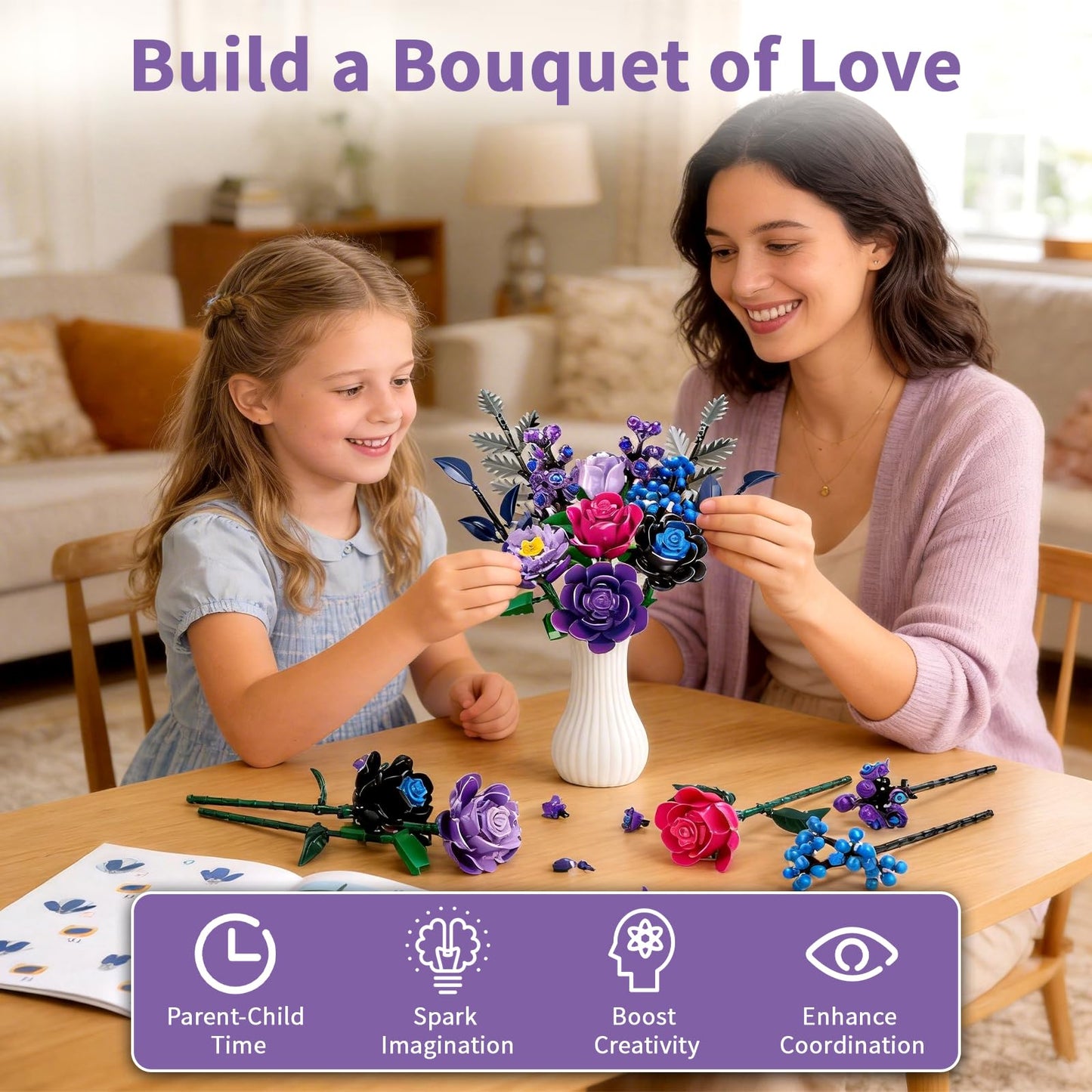 YOIUSFR 759 Pcs Purple Rose Flower Bouquet Building Set, Botanical Collection Kit Artificial Fake Flowers Blocks, Home Table Decor Aesthetic for Gifts for Mom, Birthday, DIY Craft