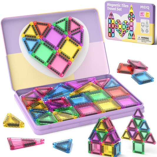 MEIQ 42-Piece Mini Magnetic Tiles Travel Set with Metal Storage Box - Portable STEM Building Blocks for Kids Ages 3-8, Montessori Educational Toys for Airplane & Car Rides, Gift for Boys & Girls
