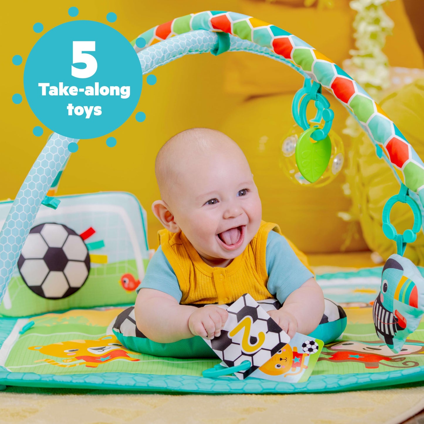 Bright Starts Grip & Kick Oball Activity Gym, Soccer Theme with Easy-Grasp Baby Toys, Baby Play Gym, Kick Pad with Activated Lights & Tummy Time Pillow, Unisex, Newborn+