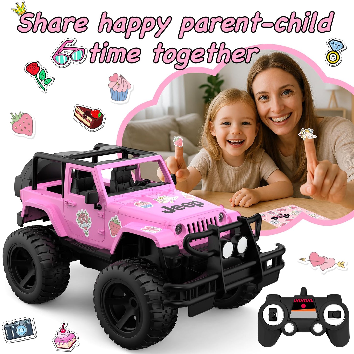 DOUBLE E Jeep Licensed 1:14 Scale Pink Remote Control Car for Girls with 2*DIY Stickers, Open-top Design RC Jeep, 80Min Play 2.4Ghz Off Road RC Trucks with LED Lights, Birthday/Xmas Gifts for Girls 6+