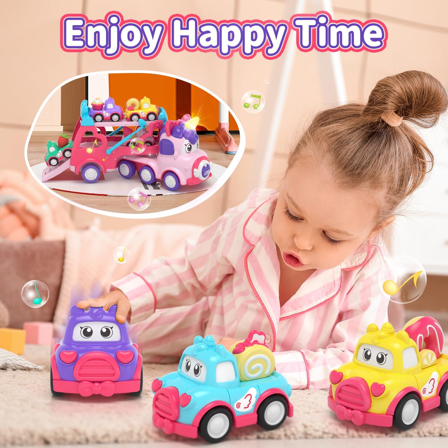 usrela 7 in 1 Unicorn Carrier Truck Toy for 1 2 Year Old Girl Car with Light & Music, Princess Toddler Girl Toys Age 2 3, Girl Car Toys for 1 2 3 Year Old Birthday Gifts Christmas for Baby Girl