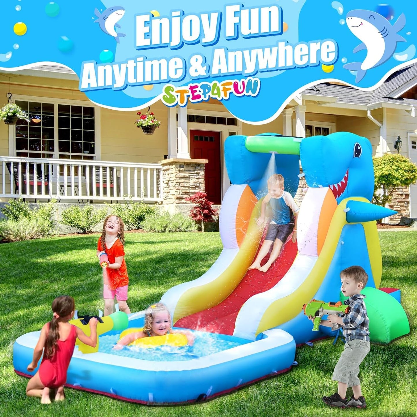 Inflatable Water Slide, Bounce House for Kids Backyard, Toddler Blow Up Bouncer with Air Blower, Splash Zone, Climbing Wall, Water Cannon for Party