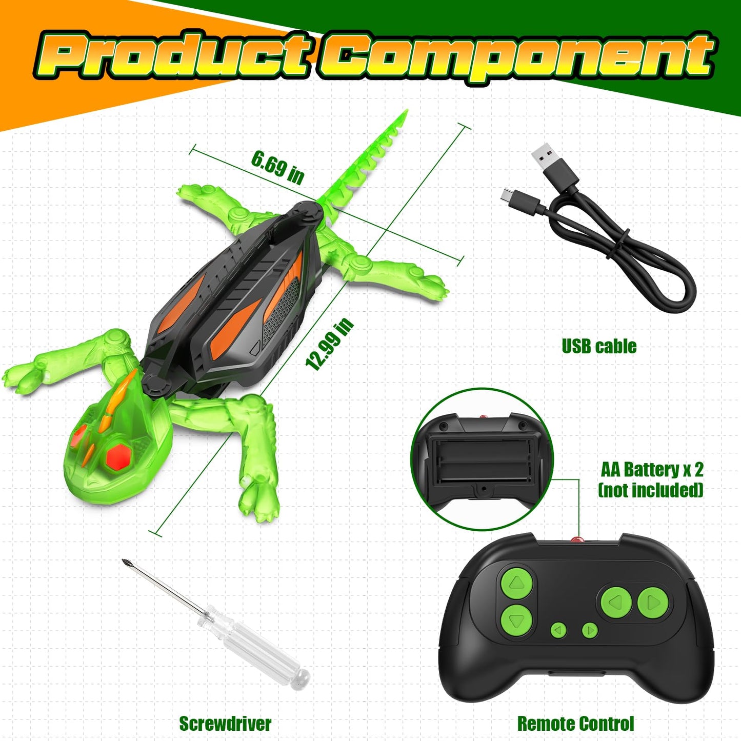Glow-in-The-Dark Wall-Climbing Gecko Toy, Rechargeable Remote Control Lizard with LED Eyes, Lizard Wall Crawler, 360° Rotating & Dual-Surface Crawler for Floor and Wall,Gift for Kids Ages 3+,Birthday