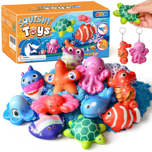SNLN 12 Pcs Ocean Squishy Toys for Kids Under the Sea Party Favors Bulk for Birthday Gift Slow Rising Squishy Keychain Goodie Bag Filler Treasure Box Classroom Prize Ocean Themed Birthday Party Favors