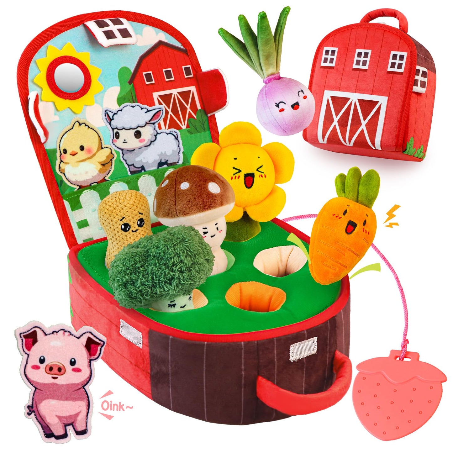 Teekdeer Baby Toys 6-12 Months, Farm Vegetable Garden Plush Toy with Animal Finger Puppets, 6 Month Old Montessori Sensory Toys with Rattles, Mirror, Squeaker, Textures, Teether, Easter Boy Girl Gifts