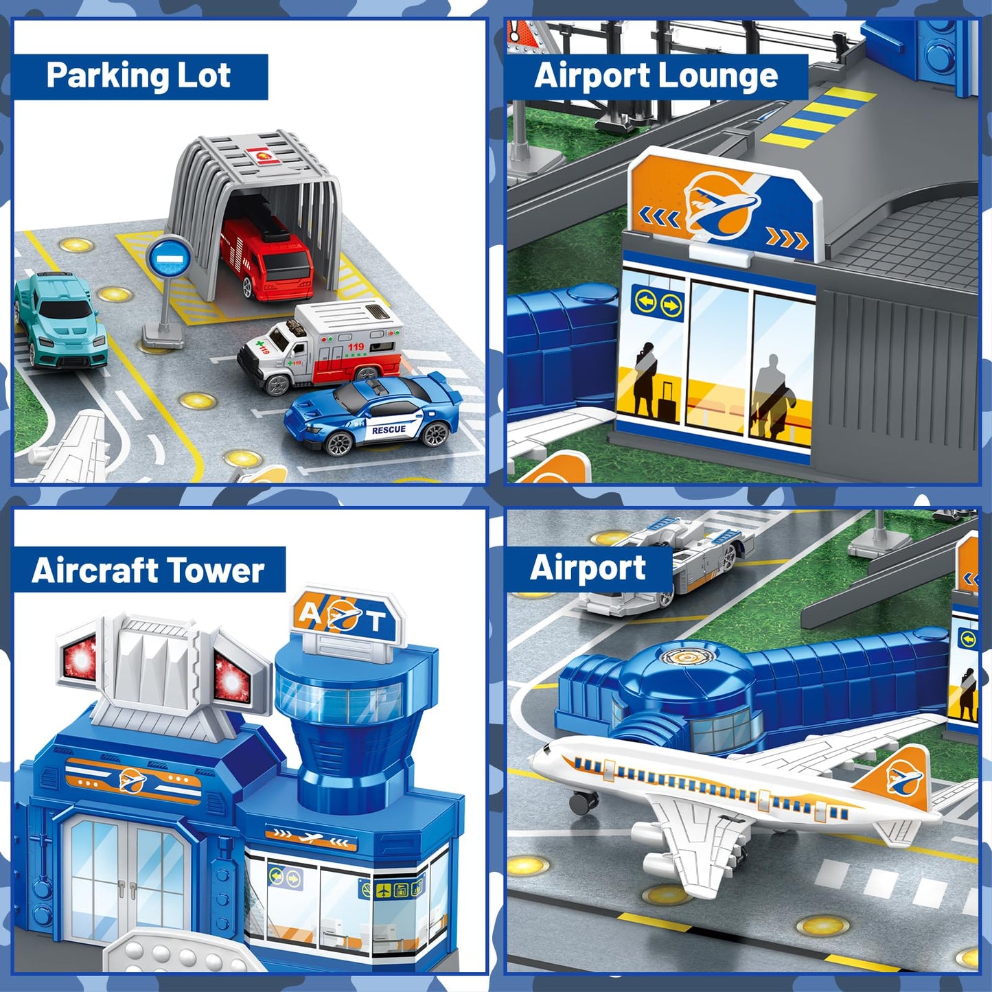 deAO Airplane Toys for Kids with Trucks, Helicopter,Planes, Signs,Fire Trucks Race Cars and Airport Playmat,Great Military Toys Gift for 3 4 5 6 Boys Girls Kids