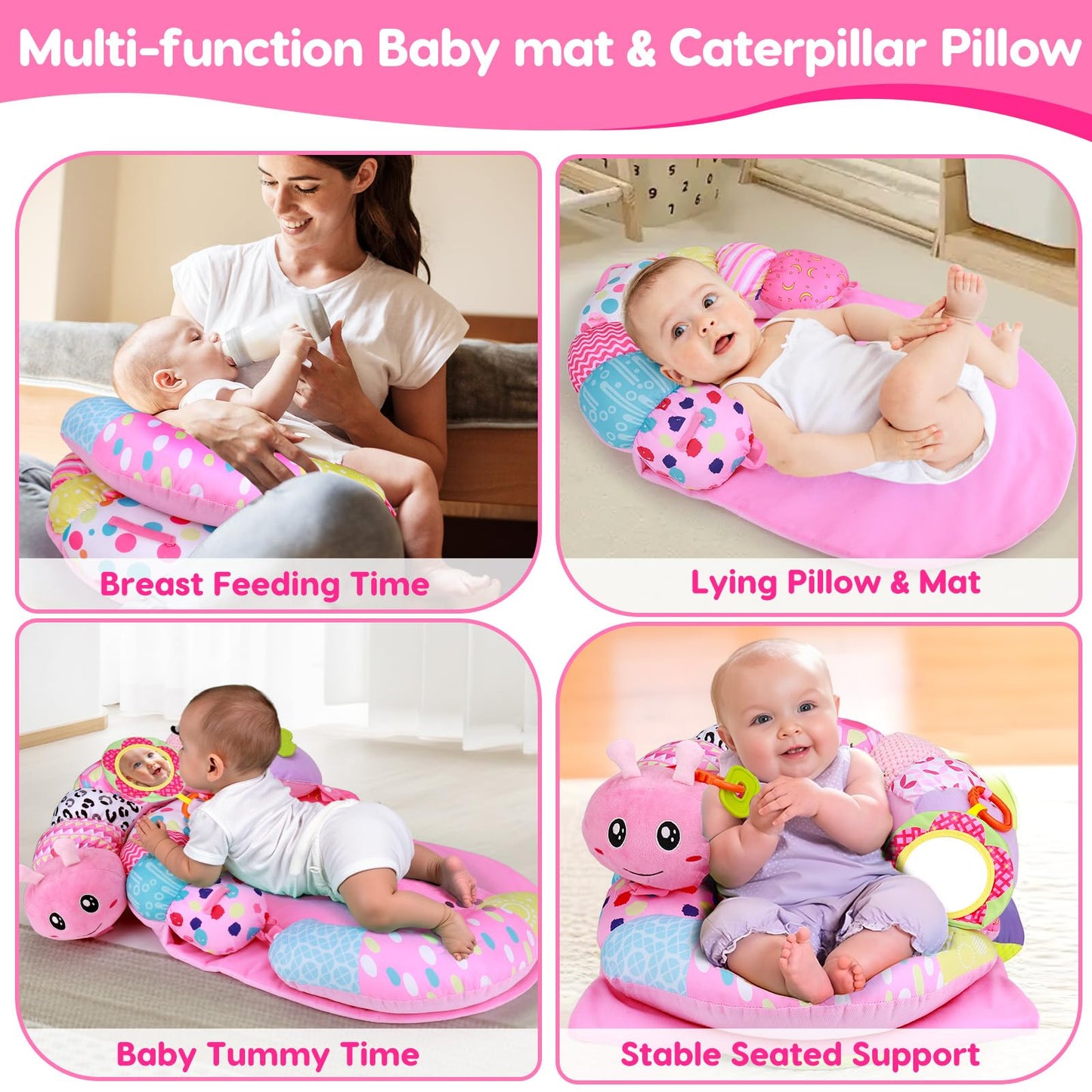 2 in 1 Baby Tummy Time Mat & Support Seated Pillow Infant Newborn Toys 0 1 2 3 4 5 6 Months Pink Caterpillar Sensory Developmental Playmat 0-6 3-6 12 Month Mirror Babies Girls Shower Easter Gifts
