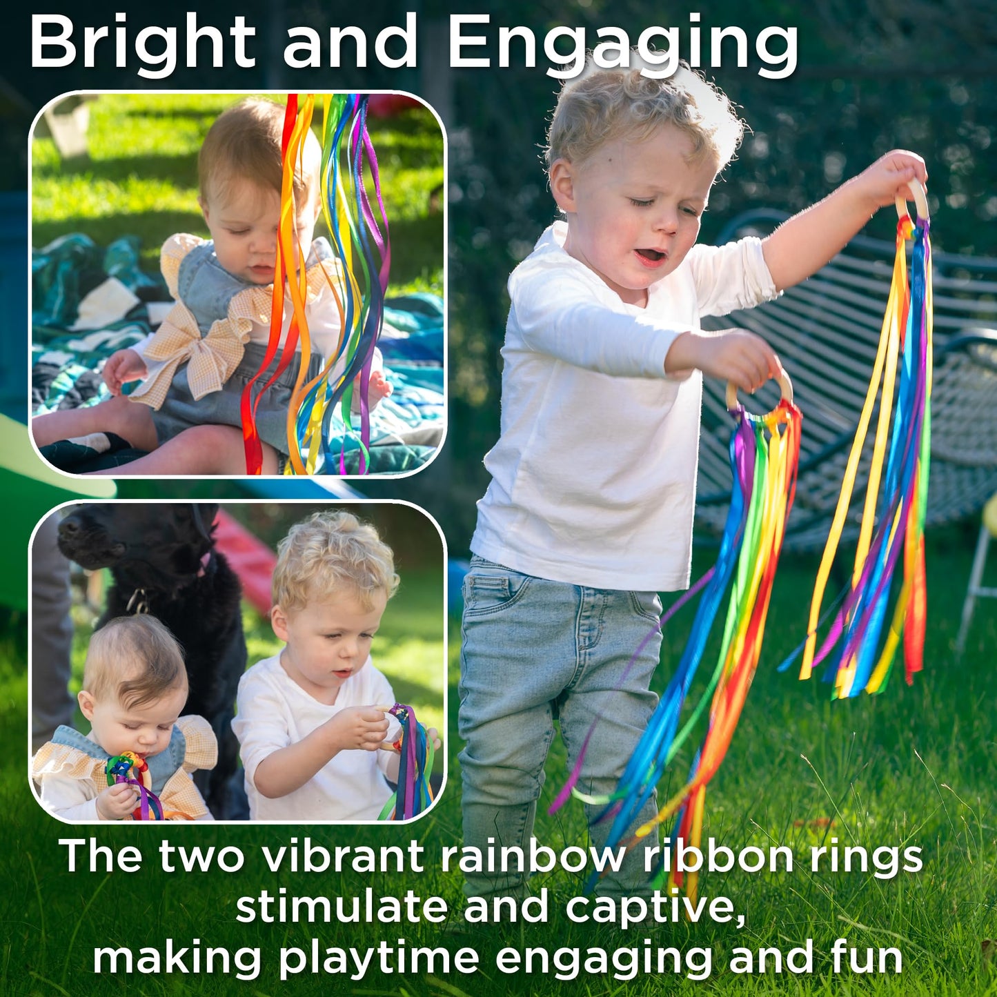 Covelico Rainbow Hand Ribbon Kite, 2 x Montessori Inspired Ribbon Toy, Each Wooden Rings with 7 Bright Rainbow Streamers, Waldorf Sensory String Toys for Kids & Gymnastics Dance Ribbons for Toddlers