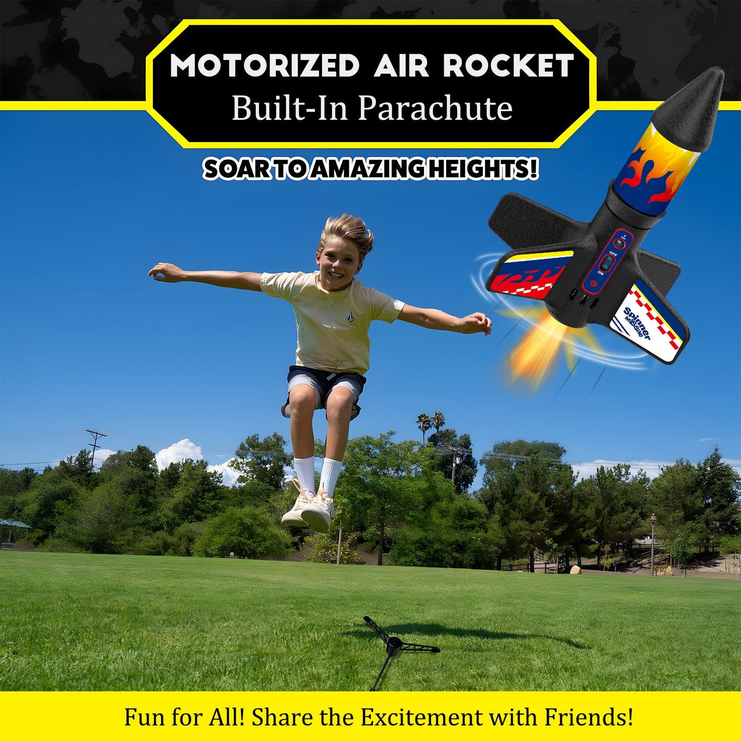 ROHSCE Rocket Launcher for Kids, Electric Flying Rocket Toy Launches Up to 250FT with Parachute Landing & LED Light, Rechargeable Outdoor STEM Toy for Backyard Play for Boys & Girls