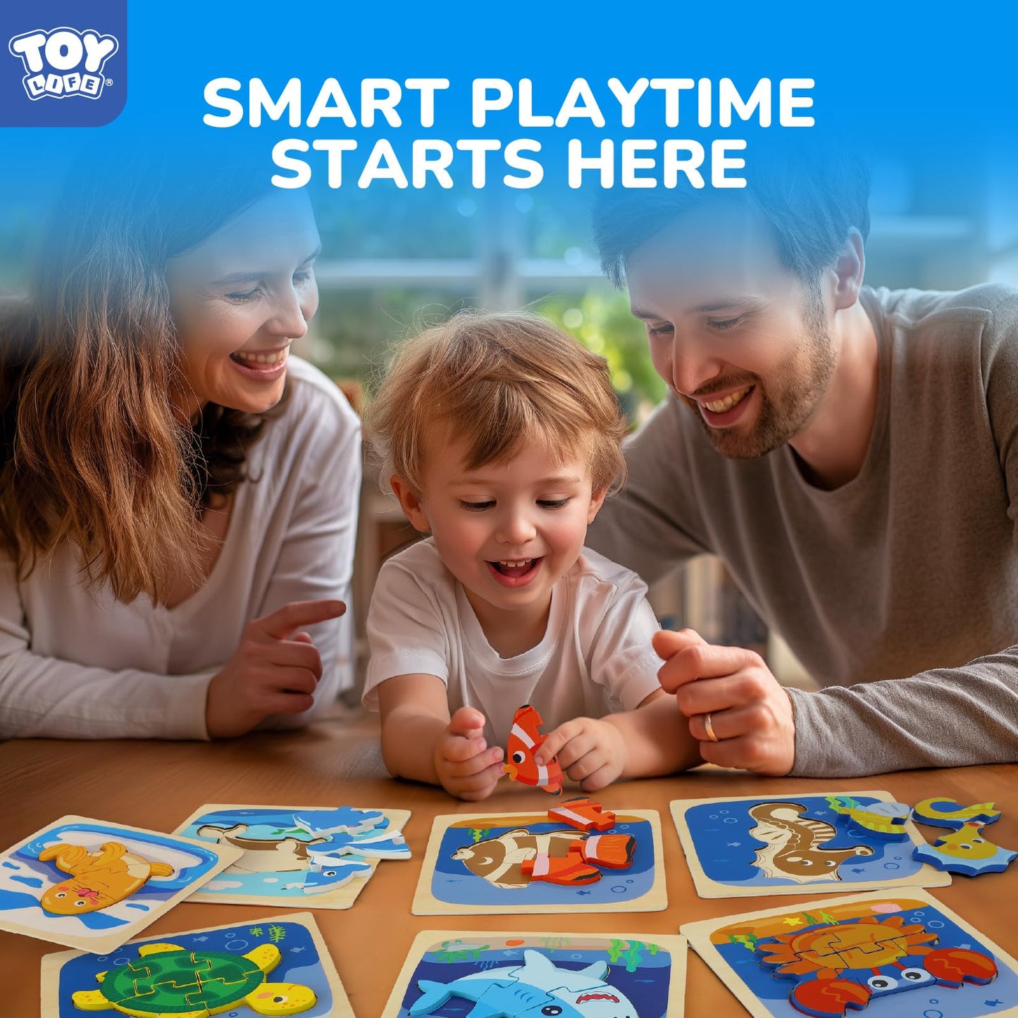 TOY Life Wooden Puzzles for Toddlers 2-4, Sea Animals Puzzles for Toddlers 1-3, Wood Puzzles Educational Montessori Toys Gifts for 1 2 3 Year Old, Baby Kids Learning Toy