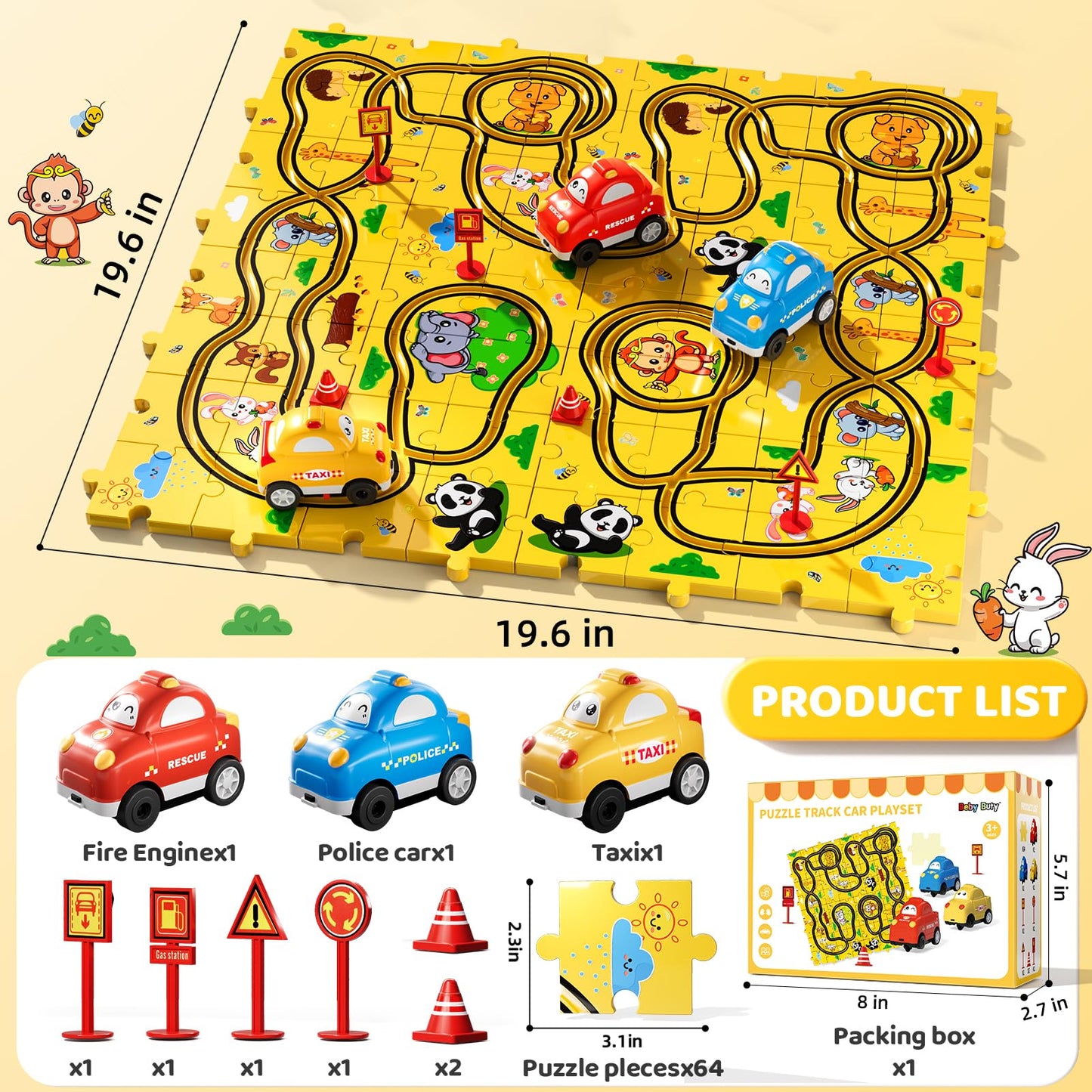 Beby Buty 64PCS Puzzle Race Cars Track Set Toys for Kids, Puzzle Racer Kids Car Track Set Ages 3-5 4-6, Toys Gifts for 3 4 5 Year Old Boys, 3 4 5 Year Old Boys Ideal Gift