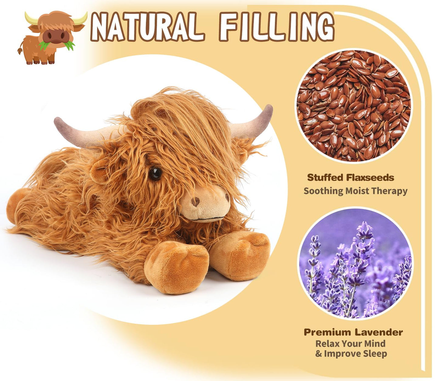 Highland Cow Stuffed Animals, Microwavable Stuffed Animal Adorable Fluffy Highland Cow Plush for Warmth Comfort, Heatable Coolable Lavender Scent Toy, Cute Soft Plushies Gift for Kid Boy Girl & Adult