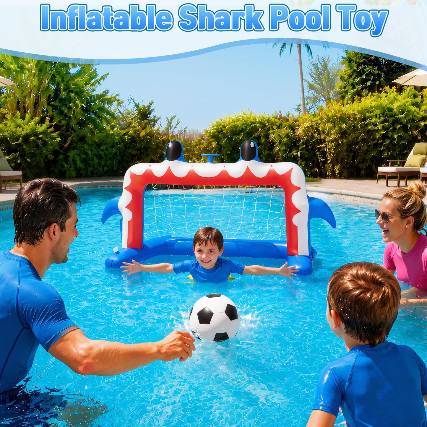 Intoypad Water Sprinkler Football Toys, Inflatable Shark Soccer Goal with Football for Pool Backyard Outdoor Play, Summer Water Games Outside Yard Pool Toys for Boys Girls Kids Ages 3-8