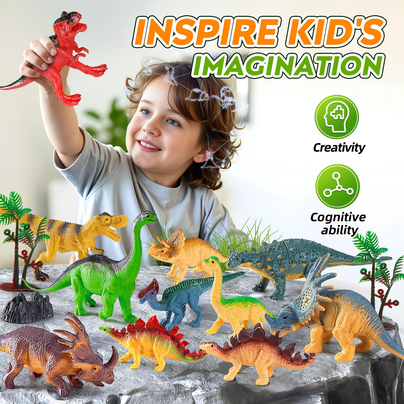 Kiddiworld Dinosaur Toys for Kids 3-5, 31PCS Realistic Plastic Dinosaur Figures with Stone&Tree&Fence in Storage Cage for Toddlers Ages 5-7, Dino Toys Gifts for 3 4 5 Year Old Boys Girls