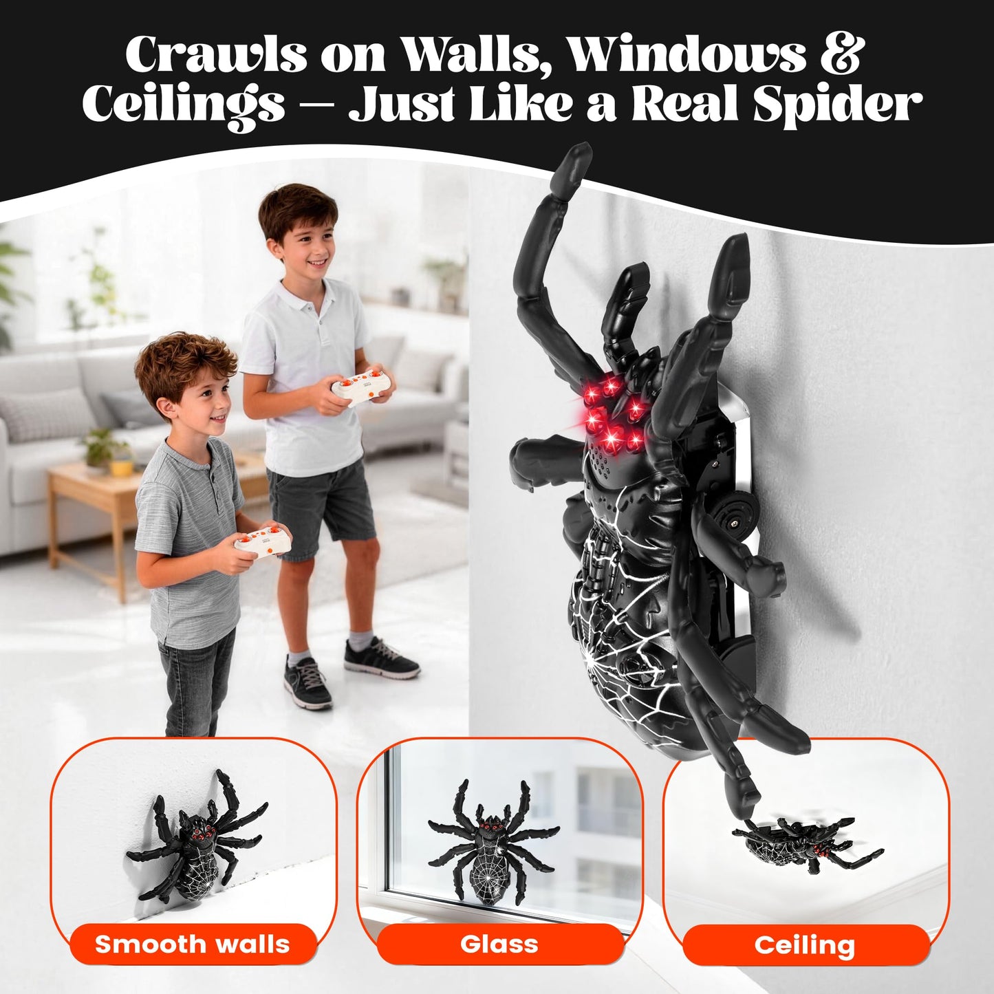 Nurcazo Remote Control Spider, Wall Climbing Spider with LED Red Eyes, Climbs Smooth Walls & Ceilings, RC Creepy Crawly Spider for Kids 3+ (No Assembly), Indoor Halloween Christmas Birthday Gift