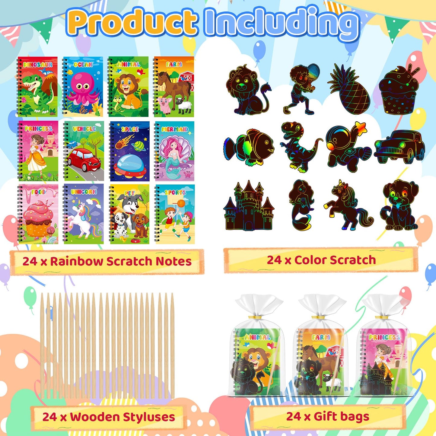 Skrajoi 24 Pack Scratch Art Party Favors for Kids - Rainbow Scratch Paper Notebook with Scratch Off Cards Easter Basket Stuffers Birthday Goodie Bags Stuffers with - Return Gifts DIY Classroom Prizes