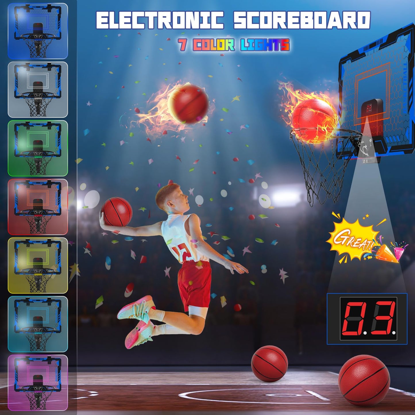 Remote Control Basketball Hoop Indoor for Kids-Over The Door Basketball Hoop with LED Light, Scoreboard, 4 Balls, Air Pump, Bag, Mini Hoop Gift Sport Toy for Boys Girls 3 4 5 6 7 8 9 10 11 12+, Blue