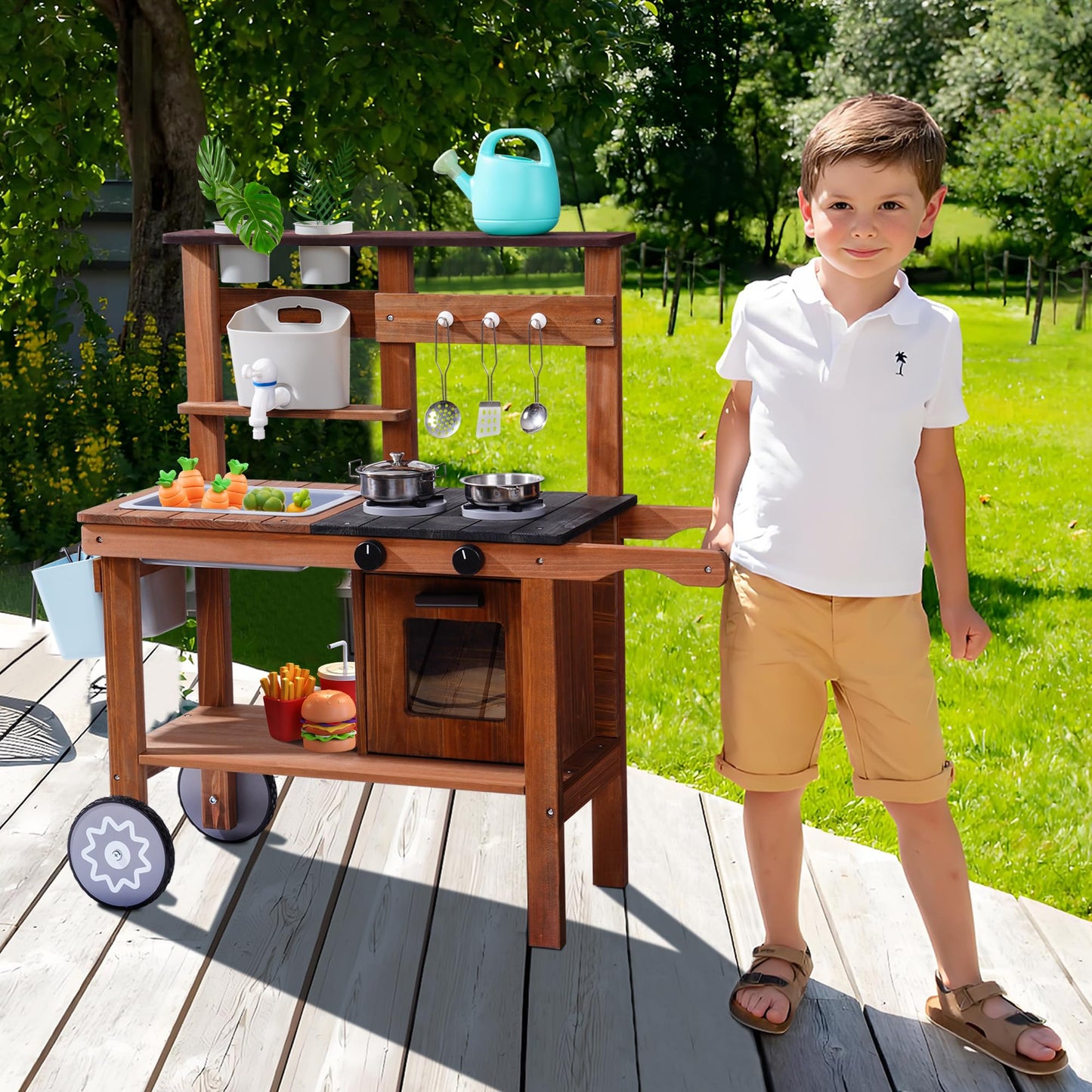 ROBUD Mud Kitchen for Kids Outdoor with Wheels, Wooden Outdoor Play Kitchen, Kids Mud Kitchen with Removable Sink & Faucet, Monteeori Toys for Children Ages 3+ Years, WG403