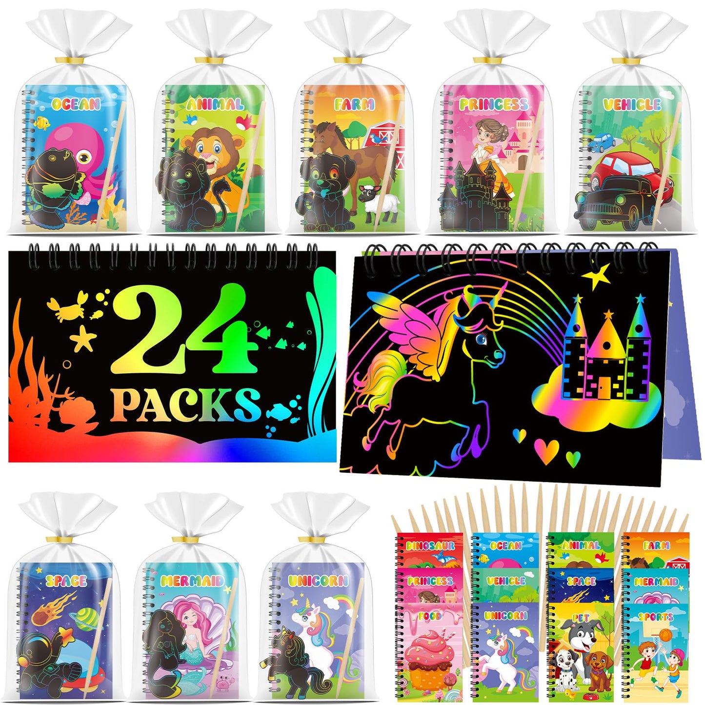 Skrajoi 24 Pack Scratch Art Party Favors for Kids - Rainbow Scratch Paper Notebook with Scratch Off Cards Easter Basket Stuffers Birthday Goodie Bags Stuffers with - Return Gifts DIY Classroom Prizes