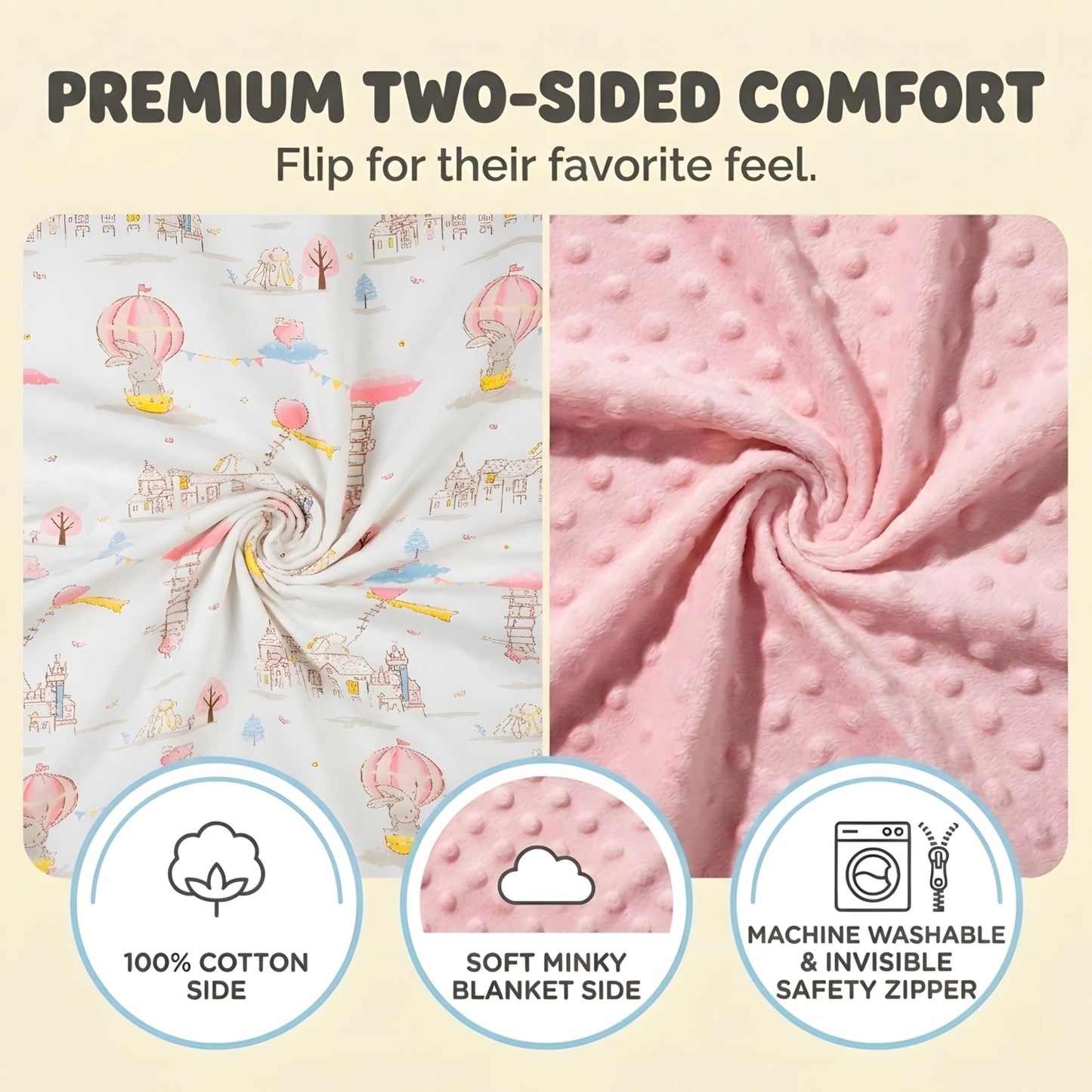 Baby Lounger Pillow for Newborn – Large Infant Lounger 0-24 Months | Anti-Startle Removable Wings, Breathable Mesh Core | 2-Sided Cotton & Minky Cover | Tummy Time Mat, Portable Baby Nest (Pink)