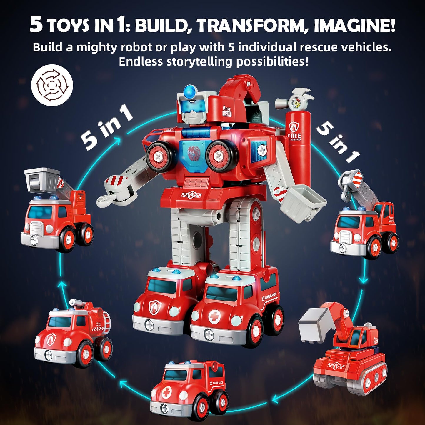 Baobrava 3 4 5 6 Year Old Boy Birthday Gift, 5-in-1 Take Apart Fire Truck Toys, Transformers Robot Toys for Boys 3-8, STEM Montessori Drill Screw Set, Creative Educational Construction Gifts