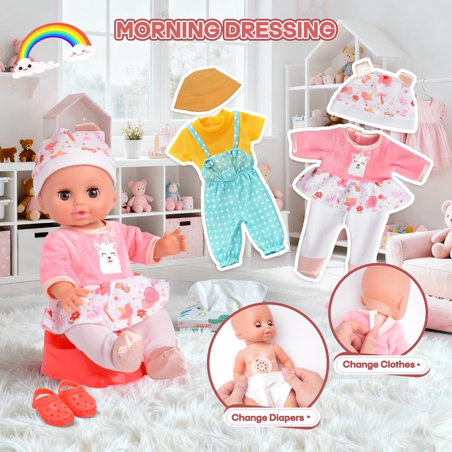 Baby Doll Stroller Set Toys with 12.5'' Baby Dolly, Baby Doll Accessories with Dining Chair&2 Set Clothes&Diaper Changing, Doll Playset for Kids, Pretend Play Girls Toys Gifts for Girls 3 4 5 Year Old