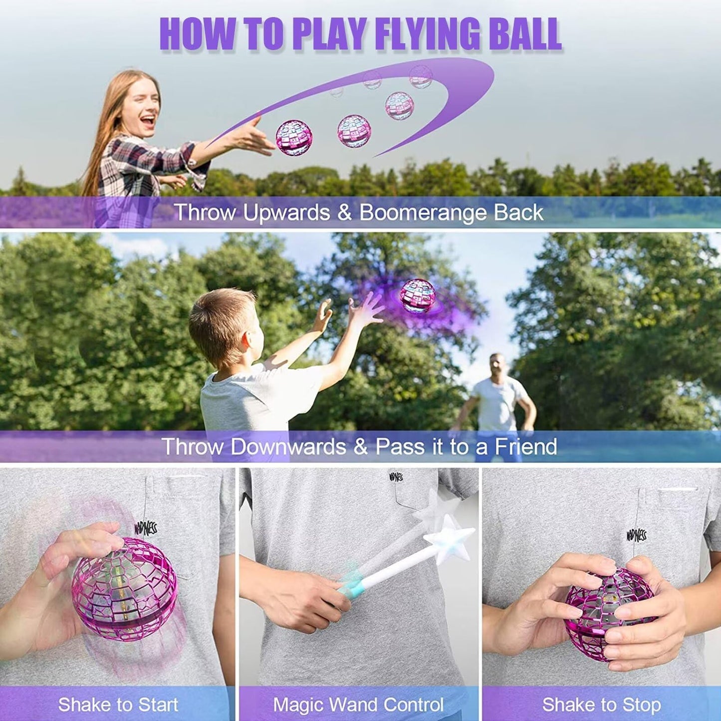 ATHLERIA Pink Flying Orb Ball with Wand,Cool Stuff Gadgets Christmas Birthday Presents Toys for Boy Girl Teens 6 7 8 9 10+ Year Old, Hover Boomerang Mini Drones for Kids,Flying Spinner