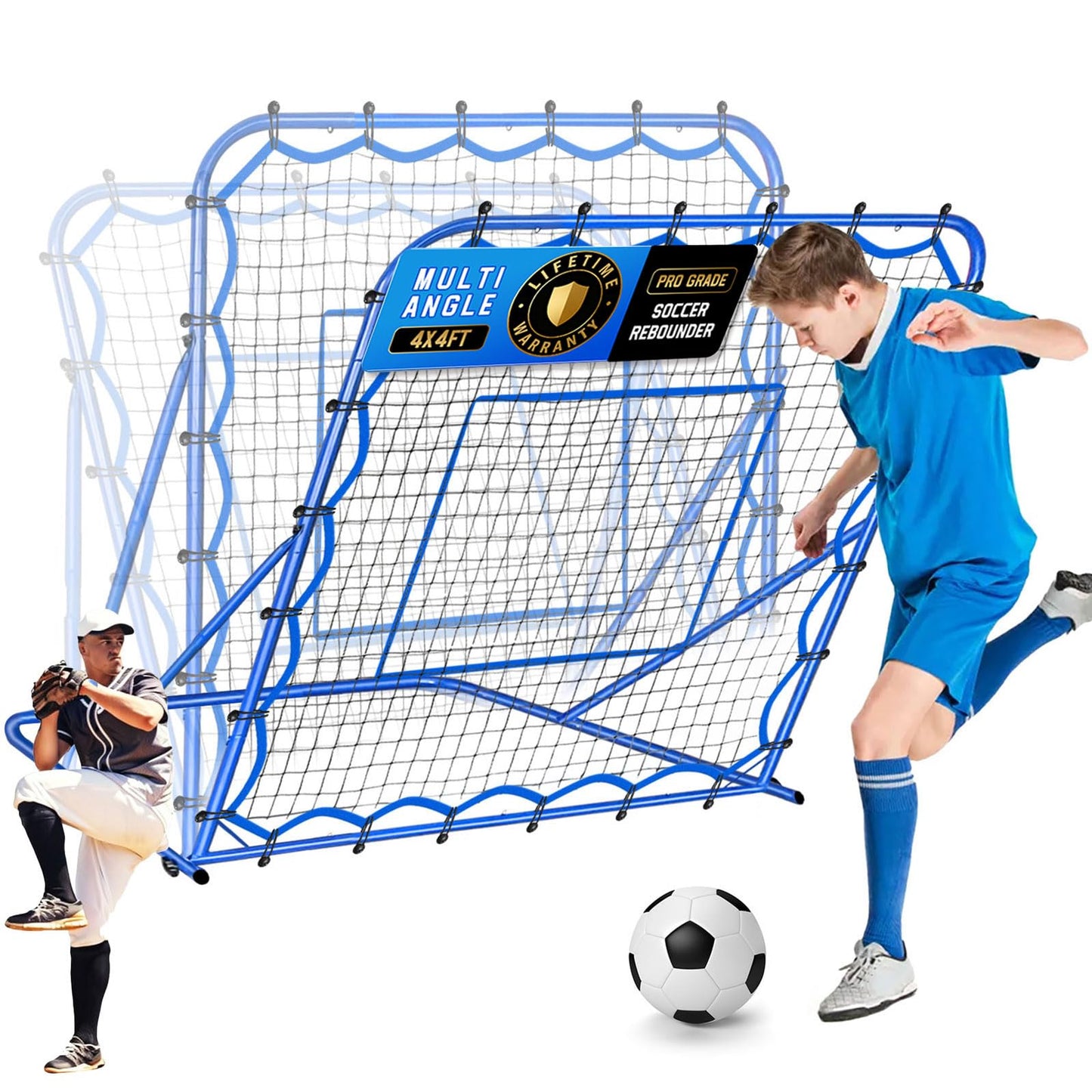 4x4FT Soccer Baseball Rebounder Net, Quick-Switch Angle Softball Pitch Back Net Volleyball Soccer Training for Control, Passing Practice, Bounce Back Rebounder Gifts & Equipment for Kids,Teens & Adult