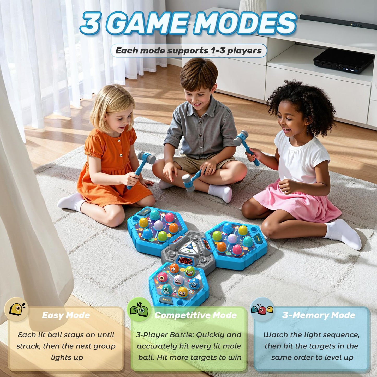 Whack Game Mole, Game 3+ Year Old, 3 Year Old Boy, 4 Year Old Toy, Gift for 3 Year Old, Boys Toys Age 4-6, 3-Players Whack Toy with 3 Modes, 7 Speeds, Light&Sounds, Birthday Gift for Todder(Blue)