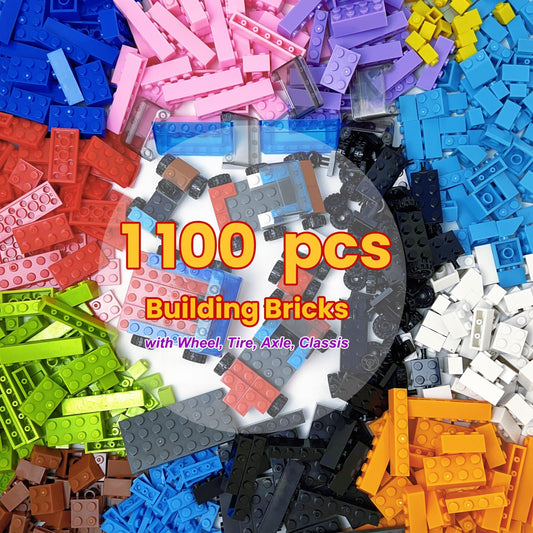 Jodicody 1100 Pieces Building Bricks, Classic Bulk Building Blocks for Kids with Wheels and Axles Sets, Steering Wheels, Windshield, Compatible with All Major Brands, Gifts for Boys Girls Age 6+