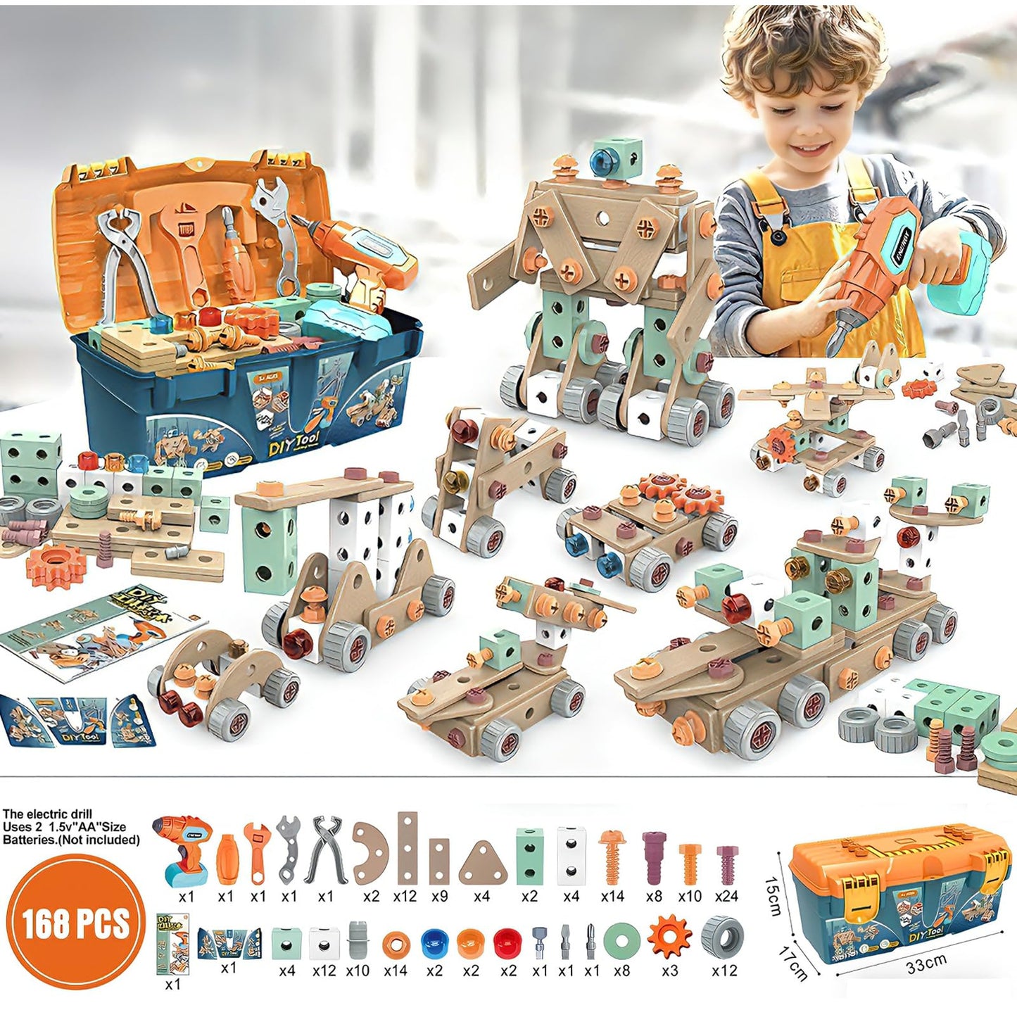 CZOALX 168PCS Kids Tool Set with Toy Drill & Toolbox, STEM Construction Building Toys, Toddler Tool Kit for Kids Boys Girls Ages 3-4-5-6-7-8, Pretend Play Design & Drill Set