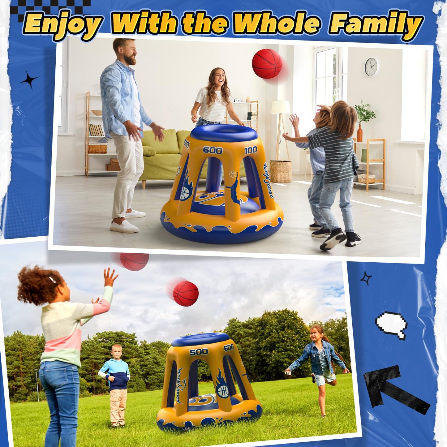 EagleStone Pool Basketball Hoop for Kids 4-8, 8-12 & Adults, 47" Inflatable Floating Basketball Hoop Pool with 3 Balls & Pump, Heavy-Duty Pool Toy for Summer Outdoor Water Games, Family & Party Fun
