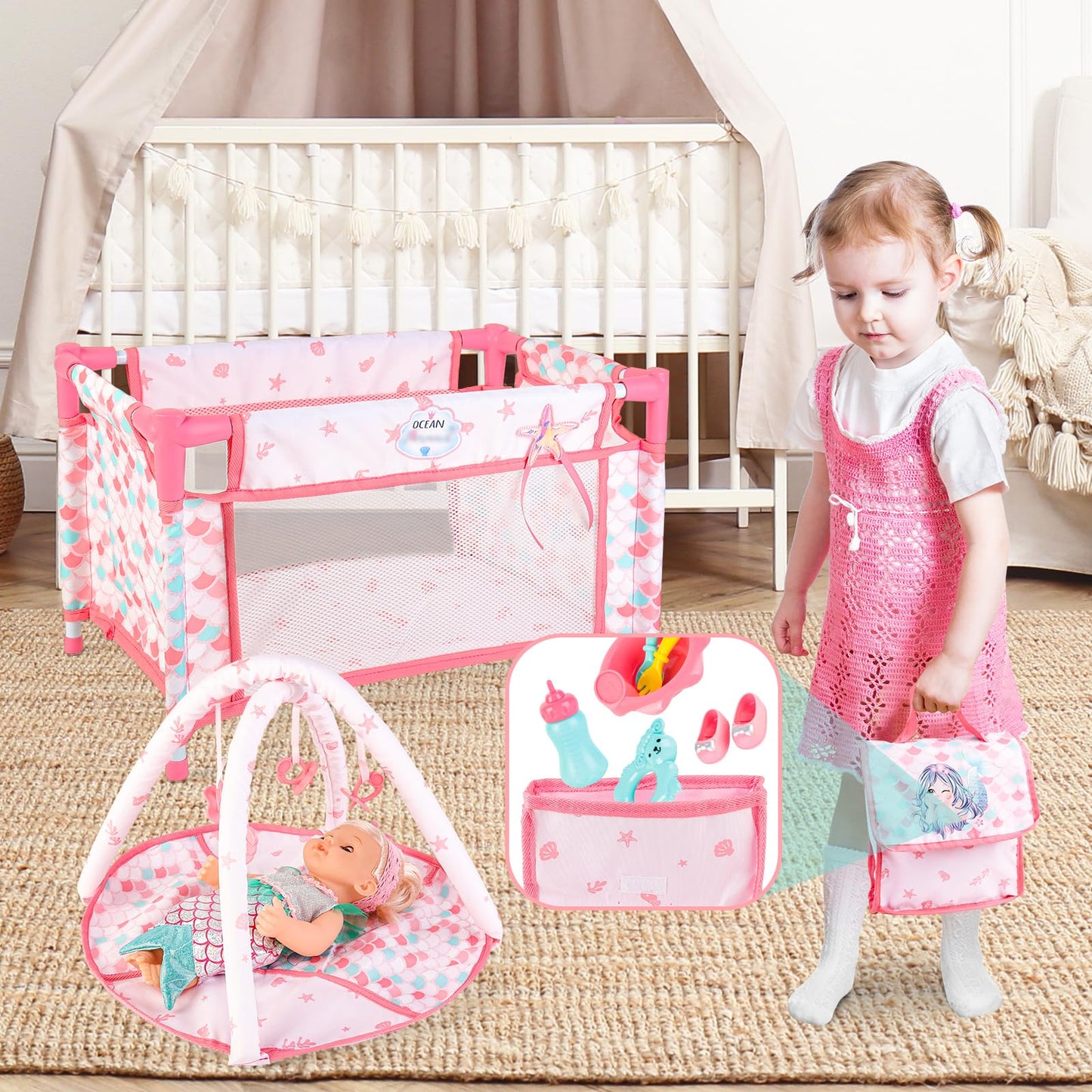 deAO Baby Doll Stroller Playset,5-in-1 with 12-inch Doll Included,Foldable Stroller,Crib Bed & Play Mat - Fits 12 14 Inch Dolls,Pink Travel Toy Set for Toddlers Girls Boys