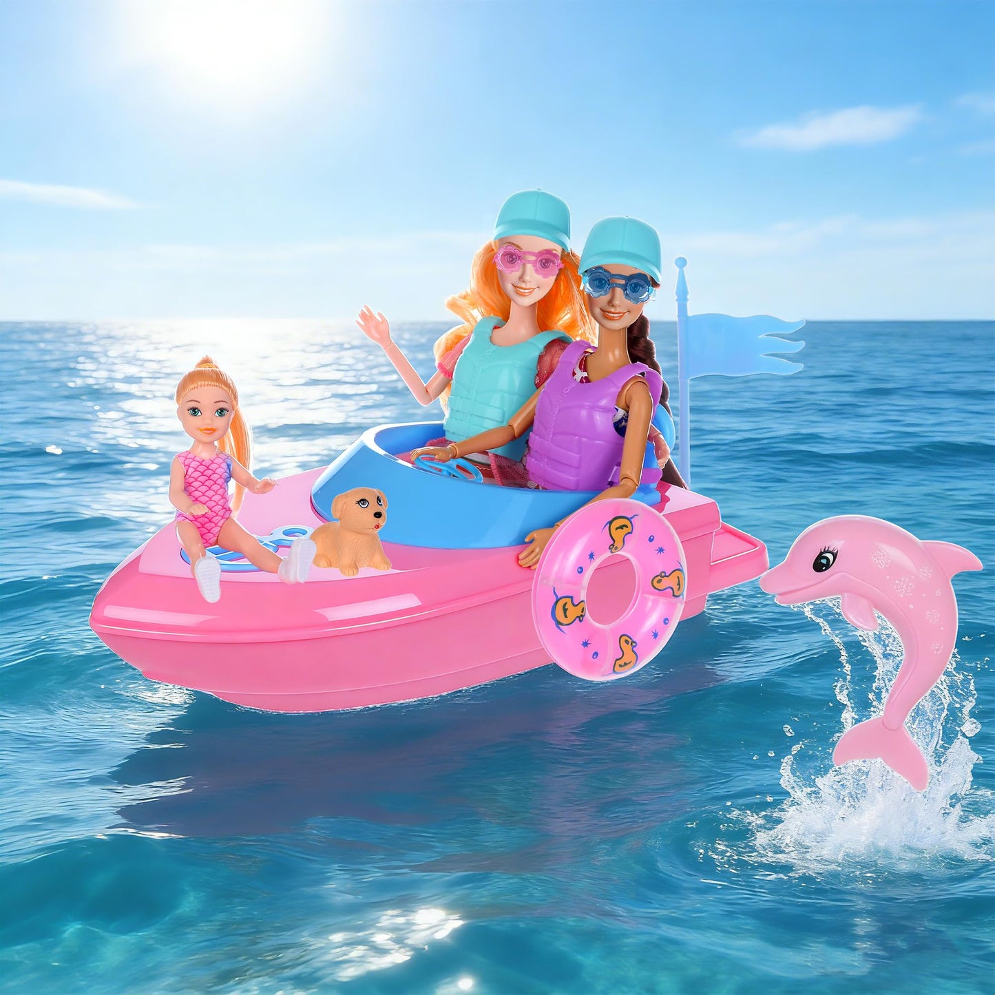 dollbie Fashion Dolls and Boat Playset - 11.5 Inch Dolls with Swimwear, Life Vests, Accessories, 5.5 Inch Doll, Pet Puppy and Dolphin Toy - Summer Beach Adventure Gift Set for Girls